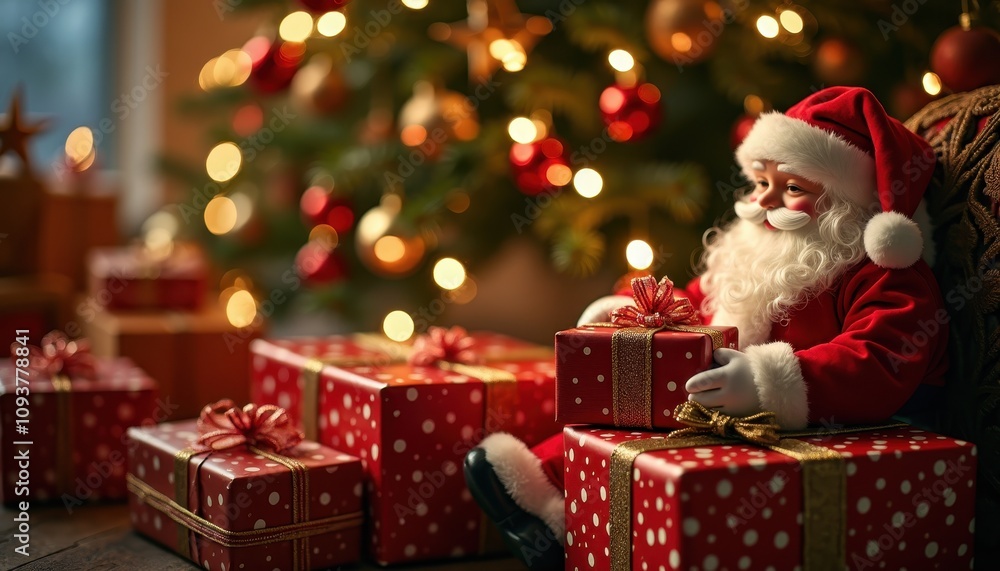 Santa places presents under a tree with ornaments shimmering in the soft glow. Santa places presents under a tree with ornaments shimmering in the soft glow.