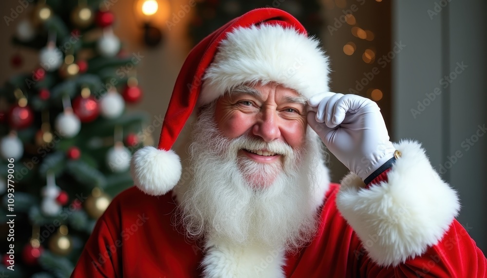 Santa adjusts his iconic hat with a charming smile in a festive winter scene. Santa adjusts his iconic hat with a charming smile in a festive winter scene.