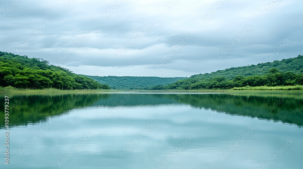 Tranquil lake mirroring overcast sky with verdant hills and forests on its shores on a cloudy summer day providing a serene and picturesque copy space image.high quality image