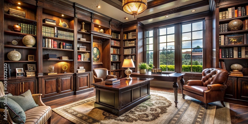A Luxurious Study with Dark Wood Bookshelves, Elegant Decor, and Cozy Atmosphere Perfect for Reading, Writing, and Relaxation in a Beautifully Designed Space A Luxurious Study with Dark Wood Bookshelves, Elegant Decor, and Cozy Atmosphere Perfect for Reading, Writing, and Relaxation in a Beautifully Designed Space