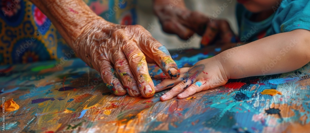 Young fingers tracing worn lines on a grandparent's hand, symbolizing love and generational Young fingers tracing worn lines on a grandparent's hand, symbolizing love and generational