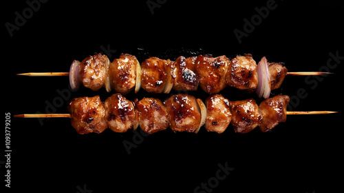 Top view of BBQ chicken shish kebab skewers with onions and spices on a black background with copy space image included.4k image