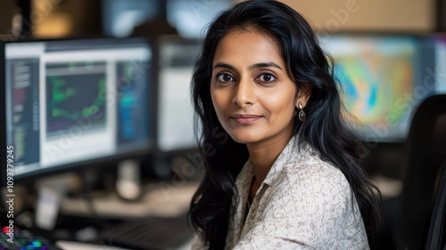 Portrait of a Confident South Asian Female Data Scientist: Accomplished Professional in High-Tech Office, Working with Multiple Screens in Elegant Blouse. Photorealistic Detail, 8K Quality.