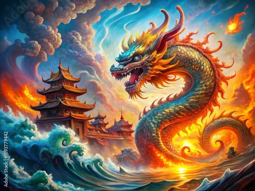 A Majestic Painting of a Fiery Ocean Featuring a Dragon Surrounded by Flames, Capturing the Power of Mythical Creatures in a Stunning Artistic Representation