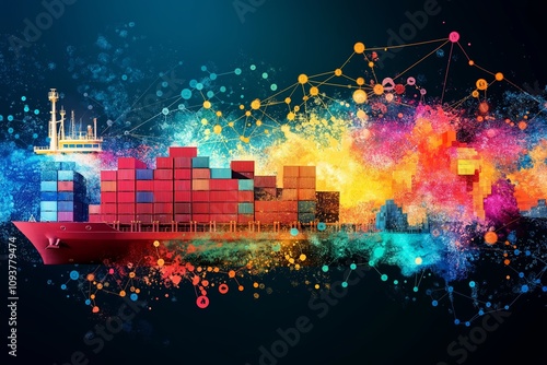Cargo ship transformation into digital data stream illustrating global logistics and advanced technology integration in maritime shipping industry