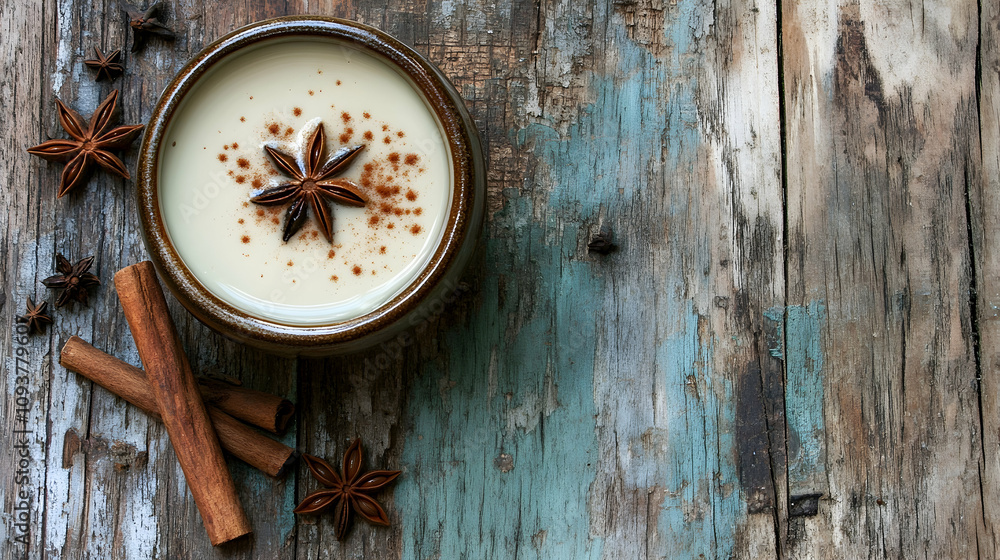 Warm cup of tea with star anise and cinnamon sticks on a rustic wooden tabletop.high quality image Warm cup of tea with star anise and cinnamon sticks on a rustic wooden tabletop.high quality image