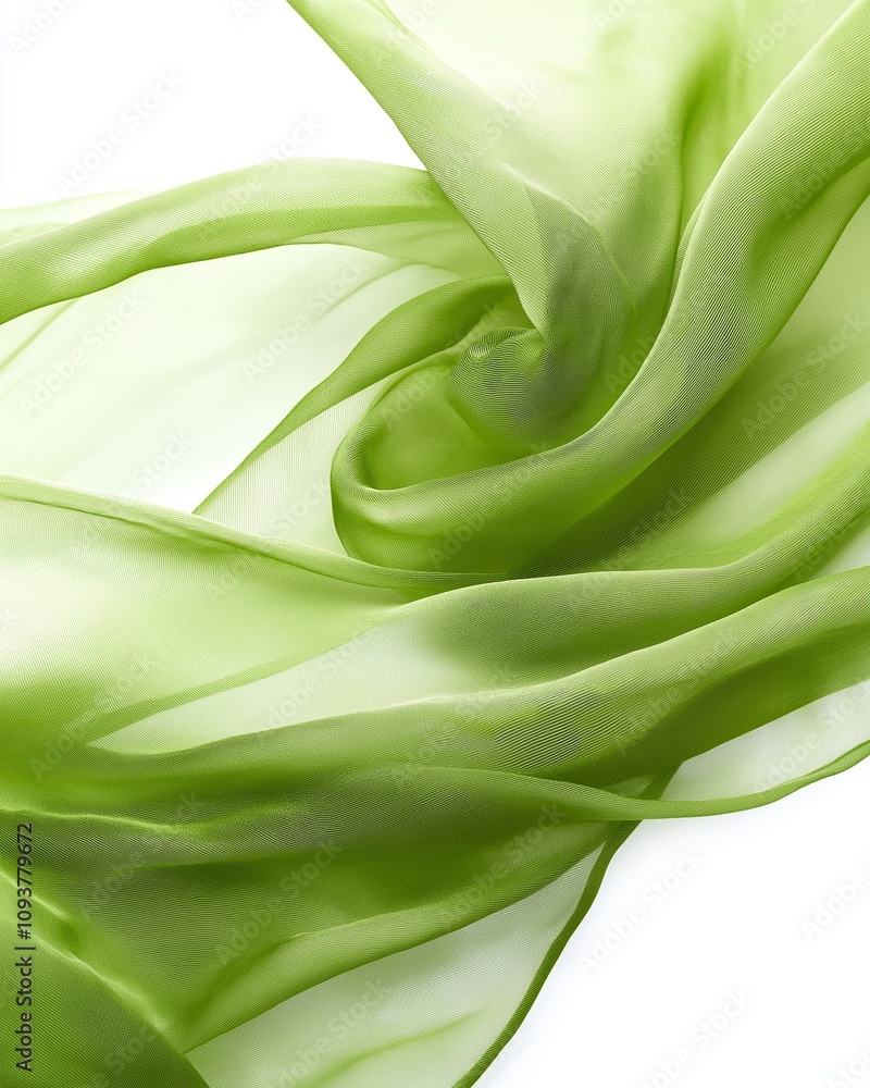 Elegant flowing green silk fabric with delicate texture captured in a dynamic swirl on a clean white background for design concepts Elegant flowing green silk fabric with delicate texture captured in a dynamic swirl on a clean white background for design concepts