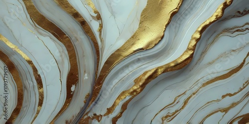 A luxurious abstract texture featuring golden marble. The design showcases rich veins of gold seamlessly embedded into a soft, white marble background with subtle highlights and shadows photo