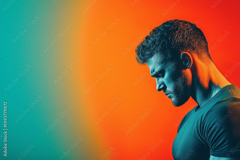 Dramatic side profile of pensive man in vibrant orange and teal colored lighting for emotional and artistic expressions Dramatic side profile of pensive man in vibrant orange and teal colored lighting for emotional and artistic expressions