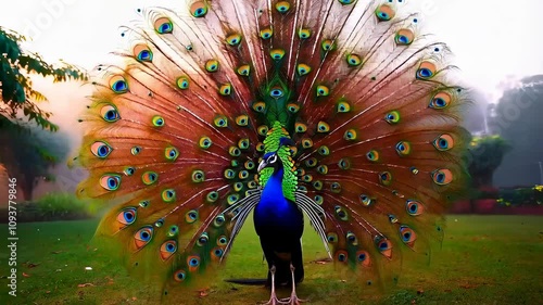 Majestic Peacock Displaying its Vibrant Plumage in a Misty Garden Setting
