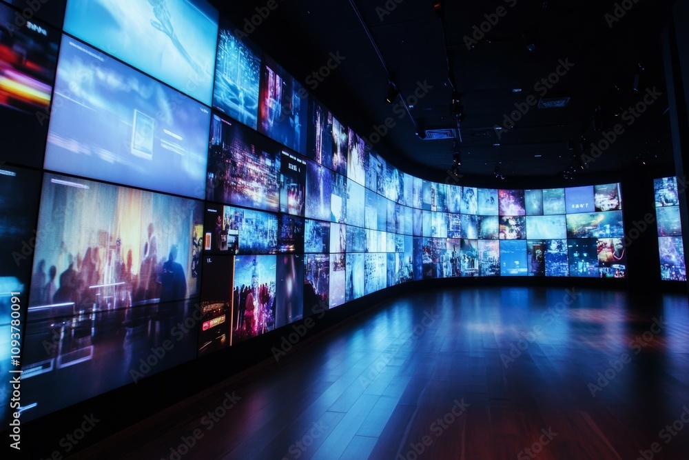 High-tech video wall display in modern dark room environment High-tech video wall display in modern dark room environment