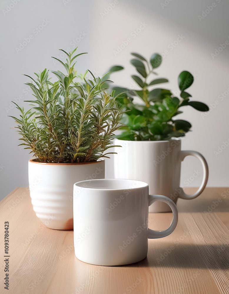 Small plants in ceramic pots with plain white mugs are placed on a light wooden surface Small plants in ceramic pots with plain white mugs are placed on a light wooden surface