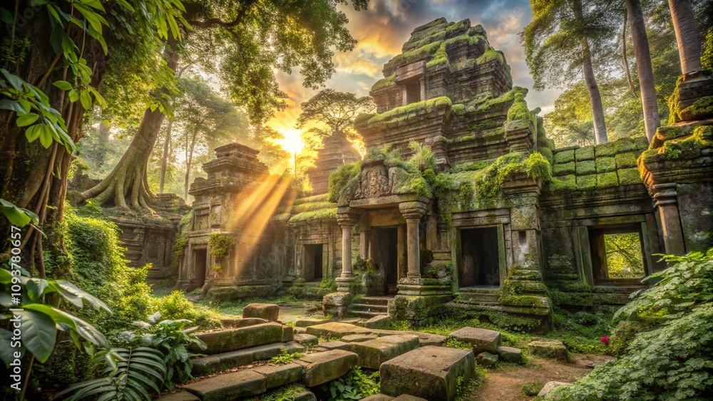 Obraz premium Ancient Temple Lost in Time: A Lush Jungle Overgrowth Reveals Nature's Embrace on Weathered Stone Structures Surrounded by Exotic Flora and Fauna in Vibrant Colors