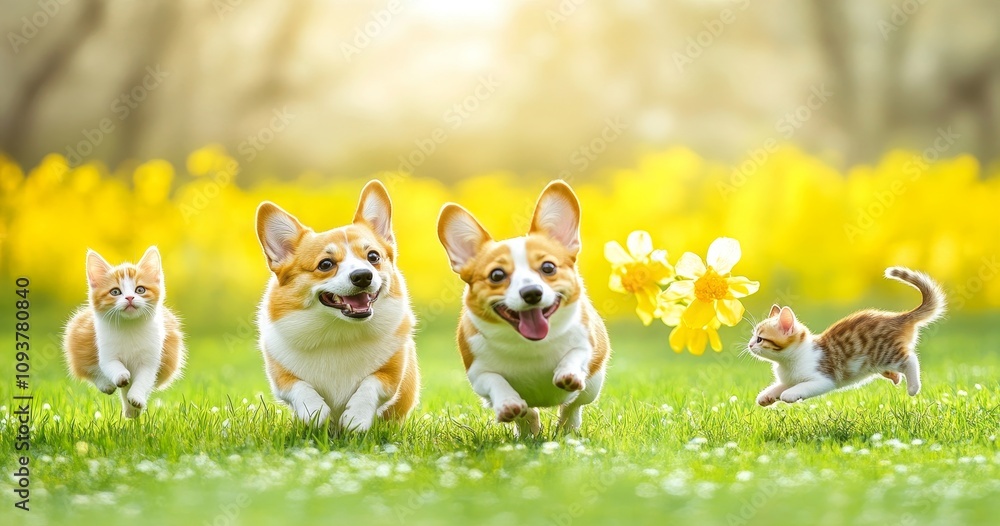 Two cats and a pair of dogs, all pets, walking through a sunny summer meadow on the grass. Two cats and a pair of dogs, all pets, walking through a sunny summer meadow on the grass.