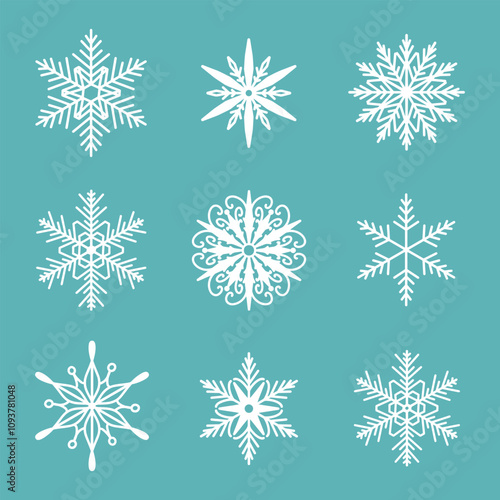 Unique snowflakes set, detailed hand drawn flat vector line illustration. Graphic outline drawing. Christmas and New Year symbol. Beautiful snowflake silhouette icon for frosty winter designs.