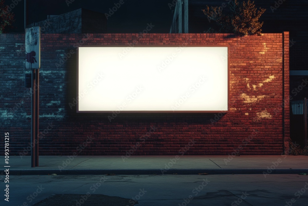 Illuminated blank billboard on brick wall at night Illuminated blank billboard on brick wall at night