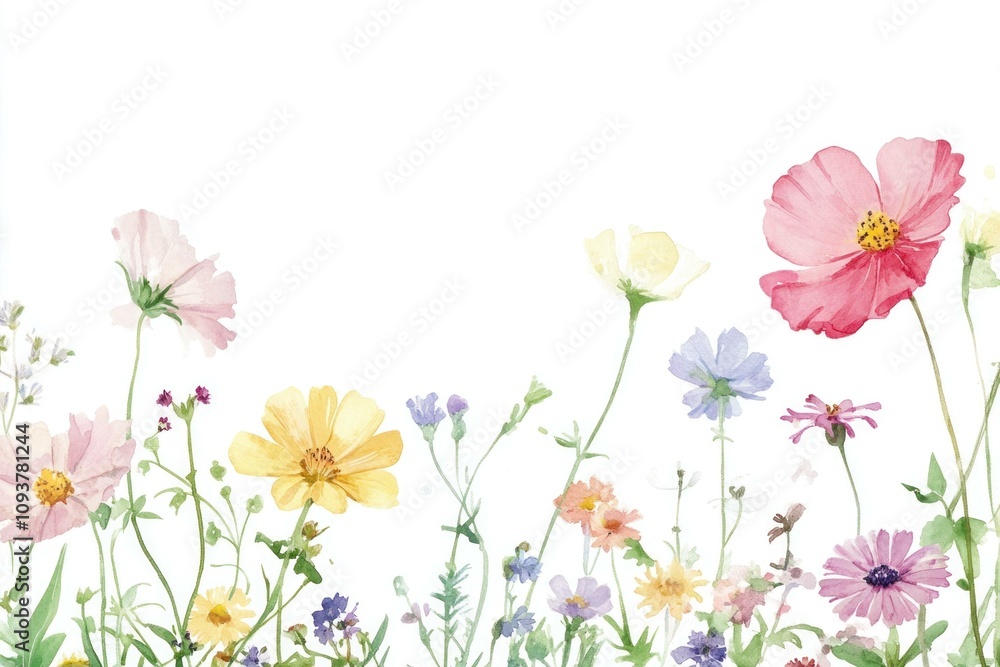 Beautiful wildflowers blooming in a soft, artistic watercolor style, showcasing a variety of colors and delicate petals, creating a fresh and vibrant nature theme. Beautiful wildflowers blooming in a soft, artistic watercolor style, showcasing a variety of colors and delicate petals, creating a fresh and vibrant nature theme.