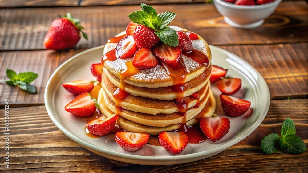 Appetizing Pancakes with Fresh Strawberries on a White Plate - Top View Breakfast Delight in a Restaurant Setting, Perfect for Food Photography and Culinary Inspiration Appetizing Pancakes with Fresh Strawberries on a White Plate - Top View Breakfast Delight in a Restaurant Setting, Perfect for Food Photography and Culinary Inspiration