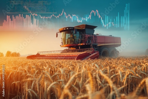 Modern combine harvester in wheat field with digital data visualization photo