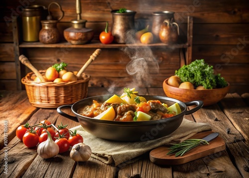 Architectural Photography of a Cozy Kitchen Featuring Stewed Potatoes with Meat and Vegetables in a Rustic Setting, Perfect for Culinary and Interior Design Inspiration