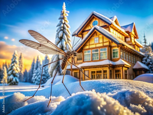 Architectural Photography of a Winter Landscape Featuring the Intricate Details of Trichocera Regelationis in a Snowy Setting with Unique Structures photo