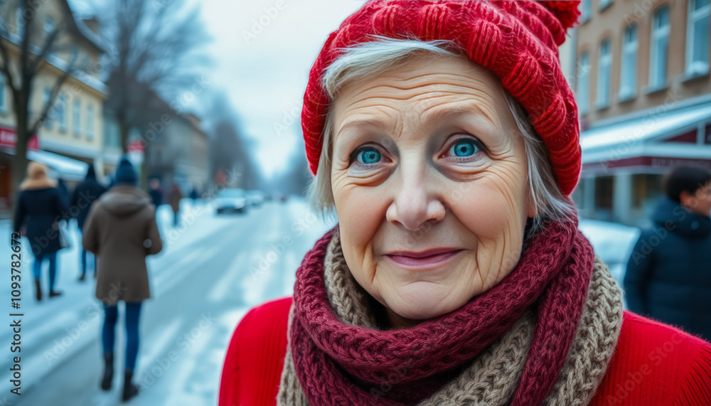 Heartwarming Winter Scene with Older Woman in Red Knitted Hat and Scarf Heartwarming Winter Scene with Older Woman in Red Knitted Hat and Scarf