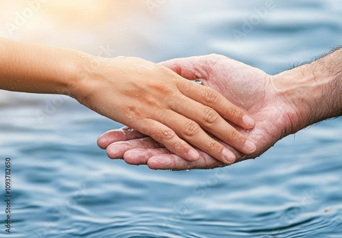 Caucasian male and female hands holding over water surface