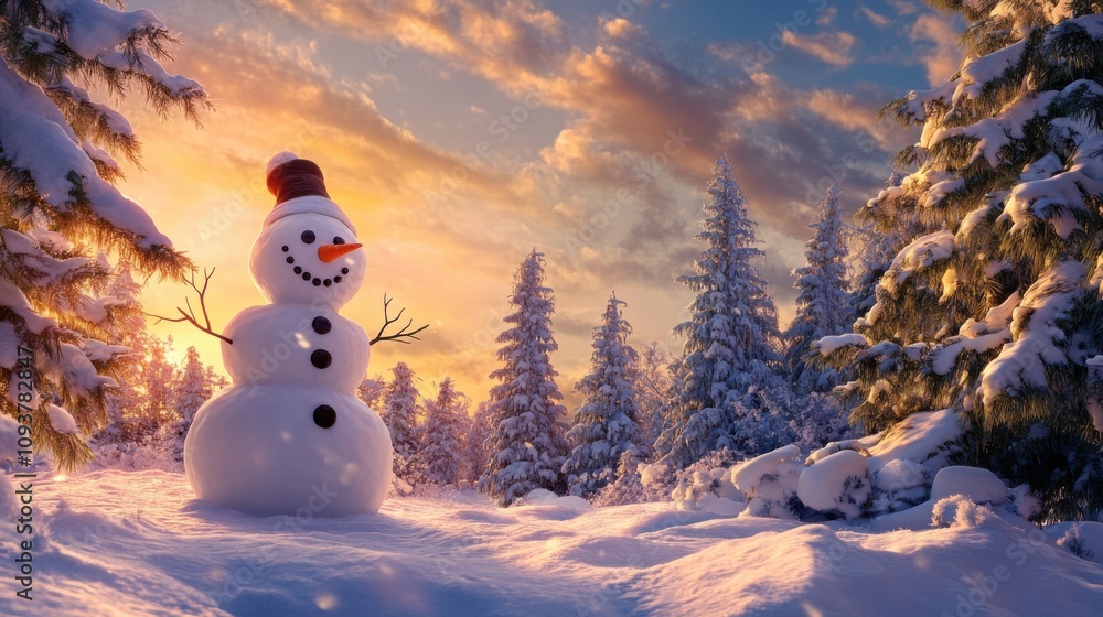 Obraz premium Snowman in snowy landscape at sunset