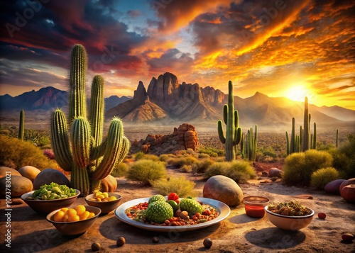 Artistic Desert Landscape with Cacti and Dramatic Sunset Over Stylized Mountains in Vibrant Colors for Food Photography Inspiration photo