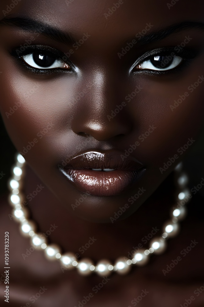 A close up of a woman with black skin and pearls A close up of a woman with black skin and pearls
