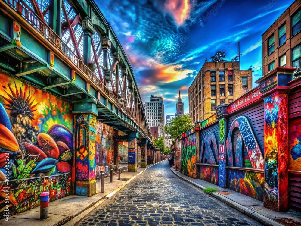 Naklejka premium Artistic Vibrant and Colorful Cityscape Beneath Urban Bridge with Bold Graffiti Showcasing the Beauty of Street Art and Urban Culture in a Dynamic Metropolitan Environment