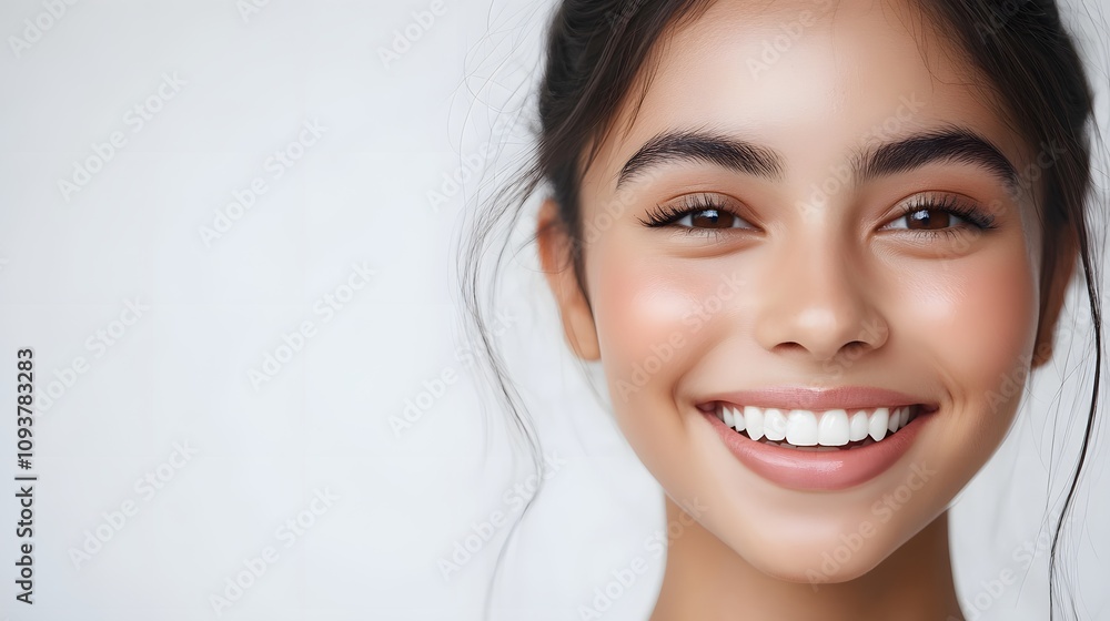 Close up photo portrait of a beautiful young asian indian model woman with clean teeth on white background Close up photo portrait of a beautiful young asian indian model woman with clean teeth on white background