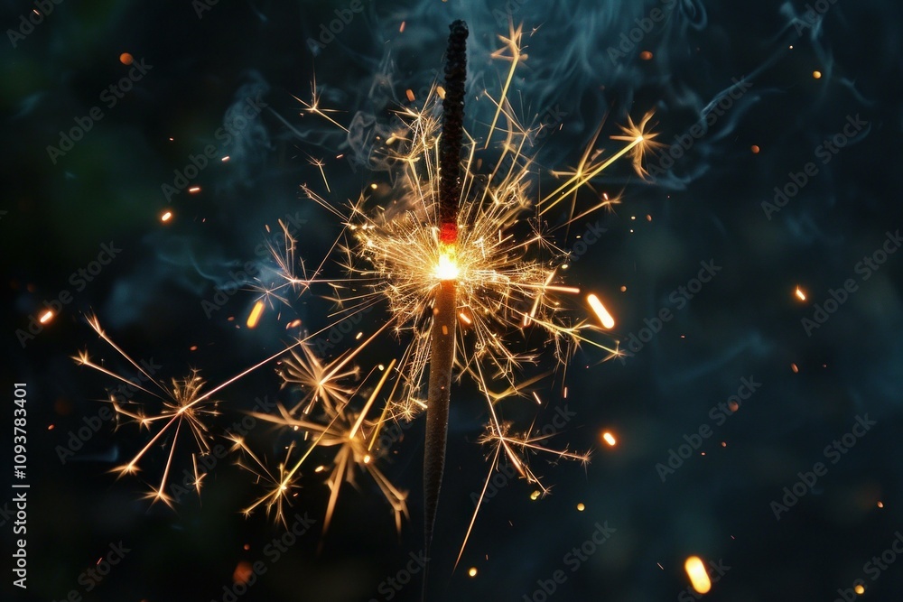 Fototapeta premium Single sparkler is burning down, creating golden sparks on a dark background