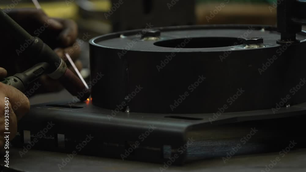 A worker uses a welding torch to join metal components, emitting bright light. The focus is on the hands and welding action in an industrial setting. A worker uses a welding torch to join metal components, emitting bright light. The focus is on the hands and welding action in an industrial setting.
