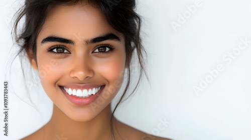 Close up photo portrait of a beautiful young asian indian model woman with clean teeth on white background