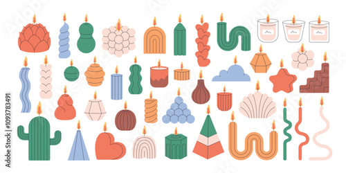 Decorative aromatic candles various shapes and colors. Burning scented candles, home interior and aromatherapy. Vector illustration in flat style