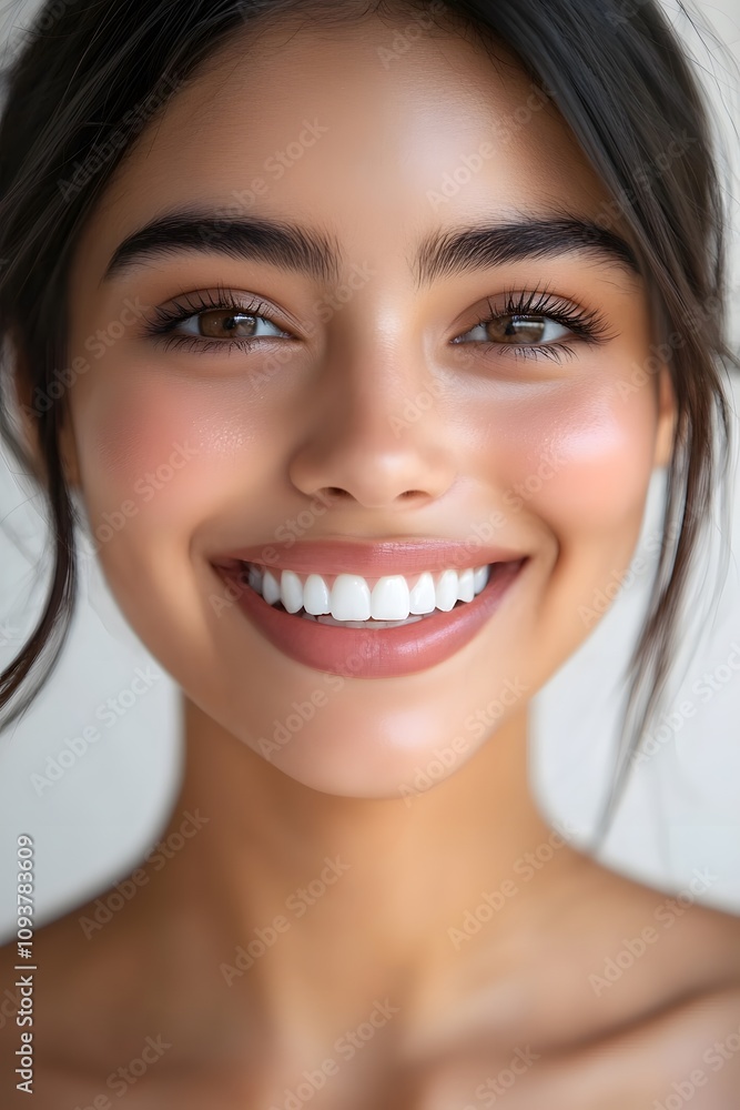 Close up photo portrait of a beautiful young asian indian model woman with clean teeth on white background Close up photo portrait of a beautiful young asian indian model woman with clean teeth on white background