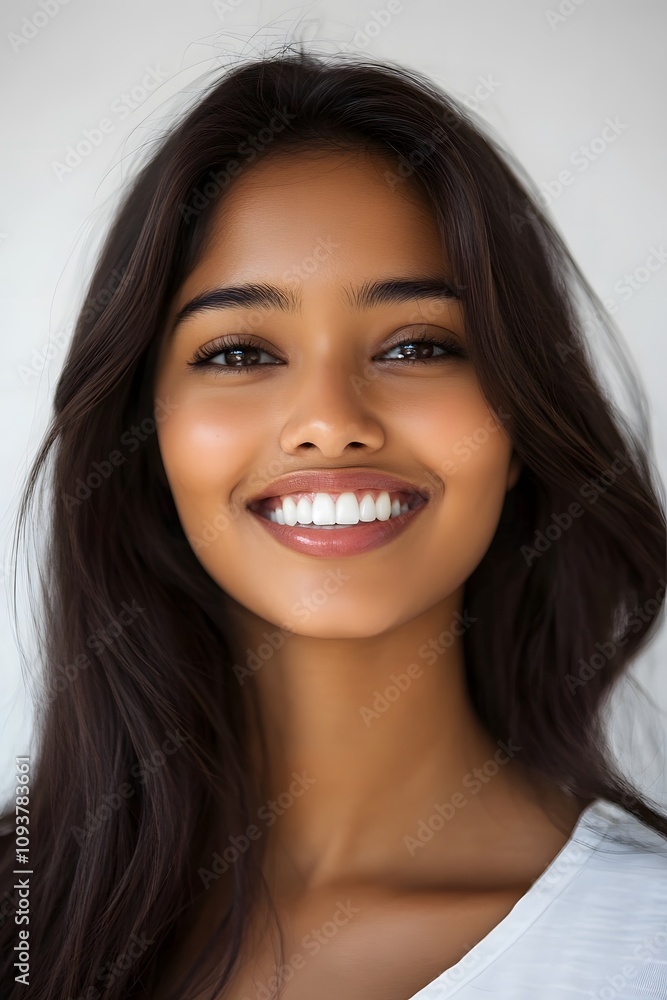 Close up photo portrait of a beautiful young asian indian model woman with clean teeth on white background Close up photo portrait of a beautiful young asian indian model woman with clean teeth on white background