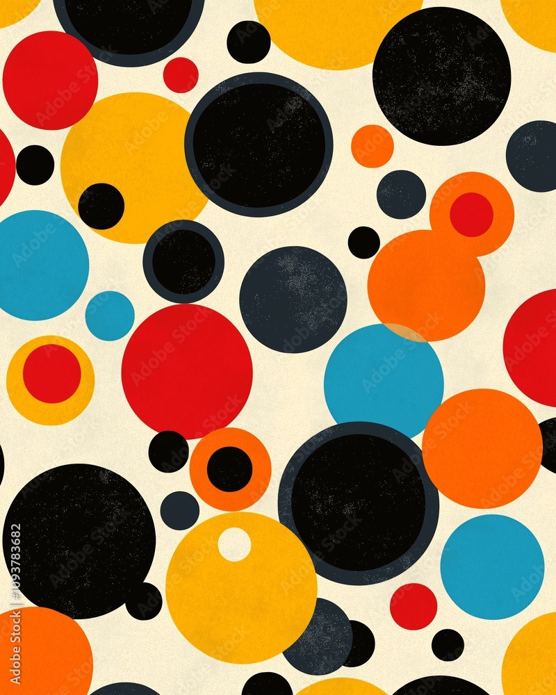 Colorful retro style abstract pattern with overlapping circles of varying sizes and bold primary colors on textured background Colorful retro style abstract pattern with overlapping circles of varying sizes and bold primary colors on textured background
