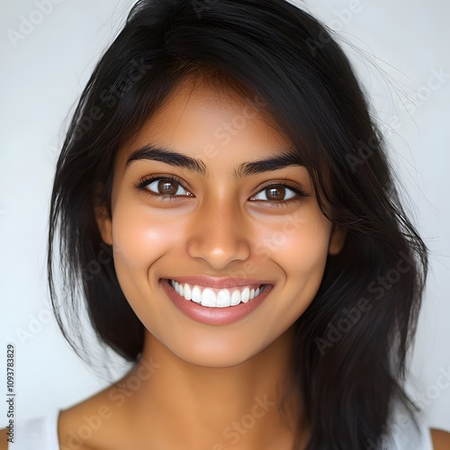 Close up photo portrait of a beautiful young asian indian model woman with clean teeth on white background