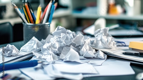 A cluttered desk with crumpled up papers and writing utensils