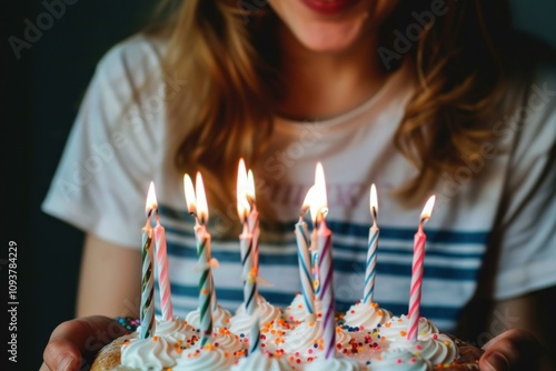 Girl holding a birthday cake with lit candles smiling photo