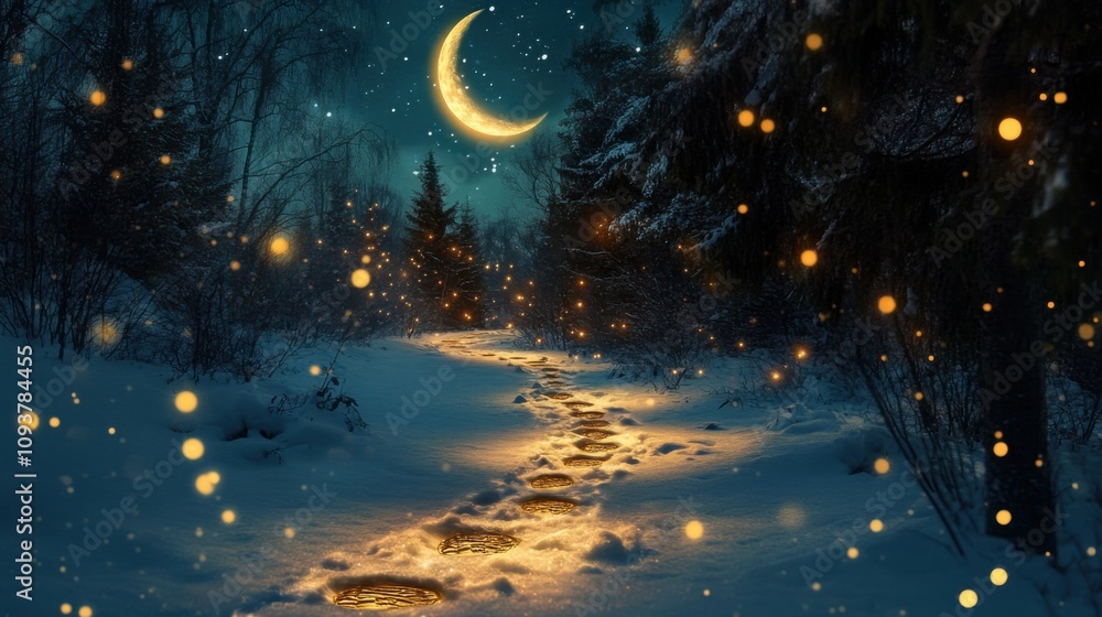 Snowy landscape with glowing footprints Snowy landscape with glowing footprints