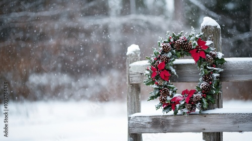 Snowy christmas wreath on fence