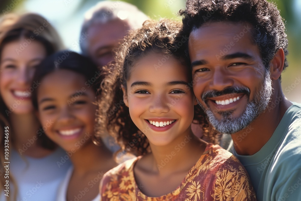 Fototapeta premium Joyful multiethnic family group standing together outdoors, smiling warmly, showcasing love and diverse cultural harmony in a sunny setting