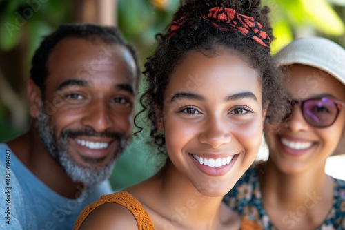 Happy family of three smiling and enjoying a sunny day outdoors, showcasing togetherness and joyful expressions with bright green background