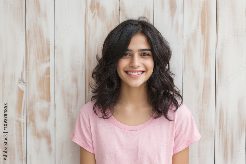 A woman with long hair is smiling and wearing a pink shirt A woman with long hair is smiling and wearing a pink shirt