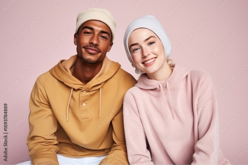 A man and a woman are sitting together, smiling at the camera A man and a woman are sitting together, smiling at the camera