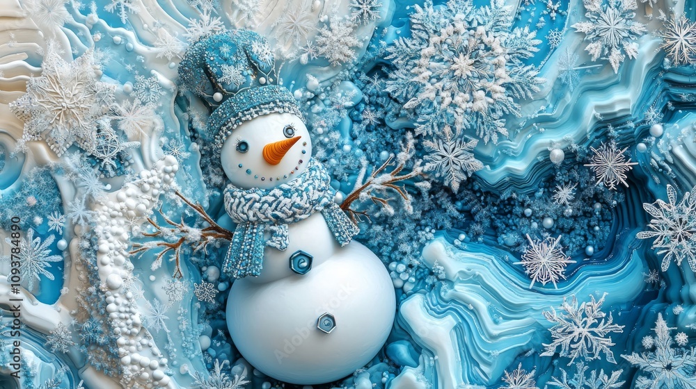 Obraz premium Frosty snowman with intricate snowflake patterns creative winter design surrounded by sparkling frosty landscapes playful and imaginative holiday scene