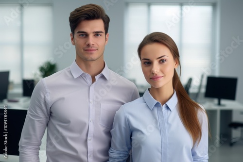 A man and a woman are standing next to each other in a room with a window